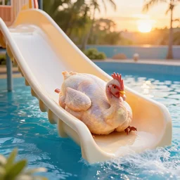 raw chicken as a human going down a waterslide in a waterpark, by marc adamus, sunset, beautiful