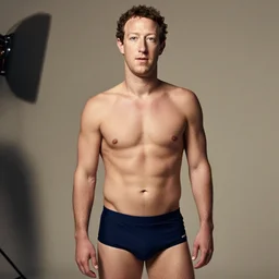 Photo of Mark Zuckerberg in swimsuit, soft studio lighting, photo taken by Anne Liebovitz for Abercrombie and Fitch, award-winning photograph, Sigma art lens