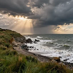storm at sea in england, waves hitting the shore and rocks, detailed, concept art, high detail, warm lighting, volumetric, godrays, vivid, beautiful, trending on artstation, by jordan grimmer, huge scene, grass, art greg rutkowski