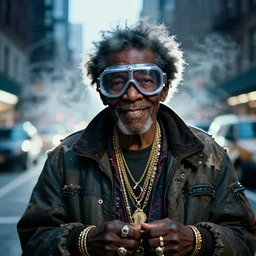 far shot of 1 0 0 year old black man wearing safety goggles, he has a mischievous grin and a tattered moncler jacket and a variety of golden necklaces, bracelets, and rings. his hair is wild and unkempt. cold color temperature, new york city streets at night, steam rising from the streets, backlit,