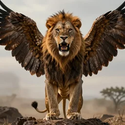 ferocious lion standing upright with eagle’s wings, terrifying, frightening, cinematic lighting, 8k