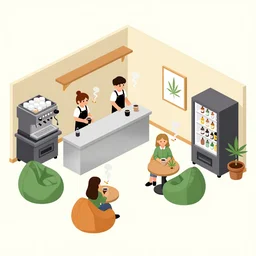 isometric cartoon of funky recreational cannabis cafe area, baristas coffee machine, aluminum sheen, people drinking coffee and smoke cannabis cigarettes, weed vending machines, only 3 tables beanbags, 4 cannabis pots, by benoit mandelbrot, low poly cute minimal interior design concept art illustrated by anni albers, 2 d game art