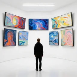 man in white room with screens, hope gangloff art style