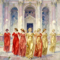 procession of red and gold women in a soviet abandoned temple, dripping watercolor by hammershøi, highly detailed, art nouveau wallpaper, lights by edward hopper, liminal, eerie, pastel colors, limited palette