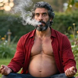 mr robert smoke weed and meditate in the garden, he has dark grey hairs, detailed glad face, muscular chest, pregnant belly, golden hour closeup photo, red elegant shirt, eyes wide open, ymmm and that smell