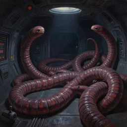 hyperrealism oil painting, complete darkness, giant worms in alien movie high detailed spaceship interior, soft light, in style of classicism mixed with 8 0 s japanese sci - fi books art