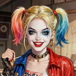 Harley Quinn but she's a young ape kid girl, illustration, comic, by James Jean, by John Coltrane and Marc Simonetti, high detail of the face, full body