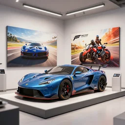 vehicle in forza horizon, need for speed. art by filip hodas and artgerm. store, car show, showroom, dealership, indoor display, convention, exhibition. rhads. 3 d render, surrealism, hyperrealism.