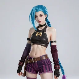 beautiful female cosplayer dressed as jinx from arcane, photo, photography, professional photography, studio, studio lighting