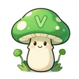 a smiling cartoon green mushroom with a letter v on the hat, vineshroom