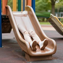 adult sliding down chocolate pudding slide legs first, professional photo taken at the park