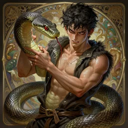snake tamer boy, passionate , seductive, sweaty, insane, intricate, highly detailed, digital painting, artstation, concept art, smooth, sharp focus, illustration, Unreal Engine 5, 8K, art by artgerm and greg rutkowski and alphonse mucha