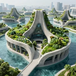 scifi futuristic architecture, smart city, sustainable, ecology, green, parametric, concrete, water, cinematic, realistic, octane render, 8 k, global illumination, uhd, unreal engine 5 ray tracing