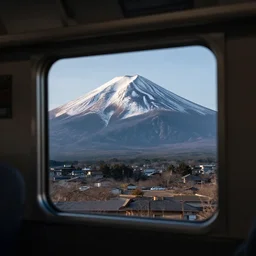 a photo of mount fuji, among beautiful japanese landscapes, seen from a window of a train. dramatic lighting.