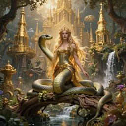 a beautiful sorcerers serpent goddess in a magical kingdom nature and gold towers, magic gardens and waterfalls a bridge made out of oaks, beauty abundance and a by christophe vacher