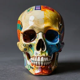 rainbow skull art toy, vinyl, resin, handmade, pop art brutalist style, picasso andy warhol