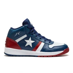 basketball sneaker of Captain America, view from the side, comics book cover style
