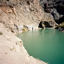photo of green river, wyoming cliffs. the silhouette of an old man in a trench coat and a cane stands still very far away in the distance, facing at the camera. midday sun. hot and dry conditions. kodak ektachrome.