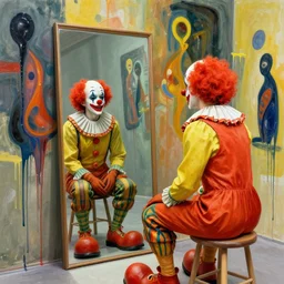 clown sitting on a stool looking into a mirror by beeple and marlene dumas and hernan bas and hilma af klint, abstract background, psychological, dripping paint, high quality render, masterpiece