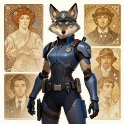female anthropomorphic furry wolf character in cybertech police armor. Renowned character illustration by greg rutkowski, thomas kindkade, alphonse mucha, loish, norman rockwell. Trending on artstation.