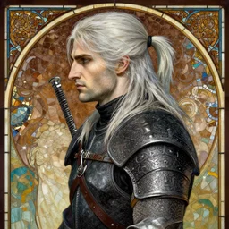 beautiful and detailed portrait of geralt from the witcher 3, profile view, side view, white hair in a half ponytail, kaer morhen armor, brown mosaic background, stained glass art, by alphone mucha, very masterful