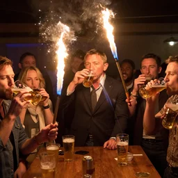 1 0 people having a party with daniel craig drinking heineken beer with flamethrower