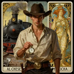 a dramatic moody symmetrical painting of a handsome cowboy | his shirt is unbuttoned and he is holding a pocketwatch | background is a steam train engine locomotive railroad | tarot card, art deco, art nouveau, steampunk | by Mark Maggiori (((and Alphonse Mucha))) | trending on artstation