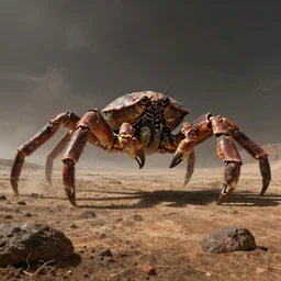 detailed hyper realistic landscape of a harsh barren exoplanet with an enormous but lonely multilegged crab mecha by Yoji Shinkawa walking across, beautiful dramatic moody lighting, cinematic atmosphere, by Jean Giraud, Alex Grey, Zdzislaw Beksiński, Dan Mumford, Patiphan Sottiwilaiphong, Yintion J - Jiang Geping