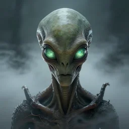 portrait of alien with long forehead. green semitransparant cloudy lightly glowing eyes. high quality photorealistic octane render 8 k, hyperrealism, volumetric fog, scary, unnerving, serious, dark, fear, concept art of chris foss, trending on artstation, cgstation, symmetric, horror, insectoid, reptiloid, alien features, nonhuman monster