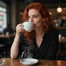 hasselblad photo of redhead woman drinking steamy latte in dimly lit coffee shop, wearing elegant jewellery, relaxed pose, evening time, cosy, happy, 8 k, wlop