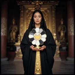 lomography, full body portrait photo of women like reol as a priestness holding a ritual ritual in a temple interior, moody, realistic, dark, skin tinted a warm tone, hdr, rounded eyes, detailed facial features, white gold black, takashi murakami