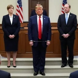 donald trump on the courtroom steps, flanked by attorneys, wearing handcuffs, reuters / ap 2 0 2 2