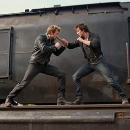 close up of two people fighting on top of a coal train, artstation, epic, by greg rutkowski, sharp detail