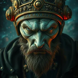 a fighter hacker's face of worldly experience, tough guy look, wearing an alien civilization royal garb, cosmic background, cyberpunk, art by hp lovecraft, rococo, artstation, johan grenier, alyssa monks, national geographic photography