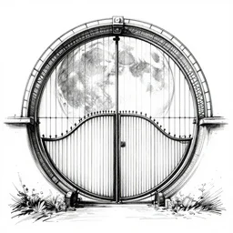 immense circular gate with a huge moon behind it, sketch, ink drawing, black on white