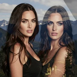 double - exposure tattoo of megan fox and beautiful mountains, in the style of dan mountford