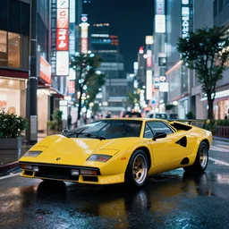 photo lamborghini countach parked in a rainy neo tokyo street at night with neon light signs illuminating the scene, moody, hdr, 4 k