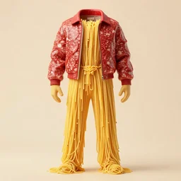 man wearing pants made of spaghetti and a jacket made of salami, 4K photo