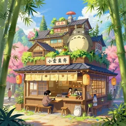 ramen shop in a colorful marketplace in a great kitsune city, bamboo, anime, a fantasy digital painting by greg rutkowski and james gurney, trending on artstation, highly detailed
