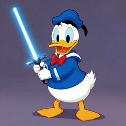 donald duck wearing cloak and holding lightsaber