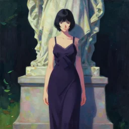 a painting of a woman standing in front of a statue, a screenshot by stanley twardowicz, cgsociety, aestheticism, aesthetic, vaporwave, anime aesthetic