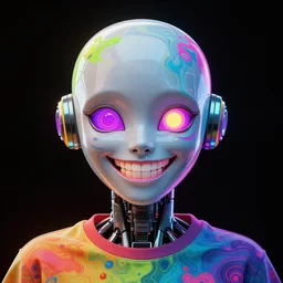 hyperdetailed portrait of a futuristic trippy smiling robot head, 8 k, symetrical, flourescent colors, halluzinogenic, multicolored tshirt art, hajime sorayma, black background