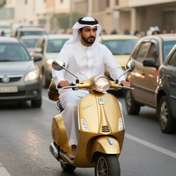 a rich arab prince riding a gold plated vespa in heavy traffic