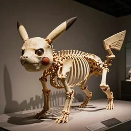 Photograph of a Pikachu skeleton fossils, museum exposition