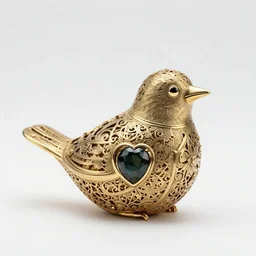 hollow filigree bird - shaped statue, with a gemstone in its heart, photography