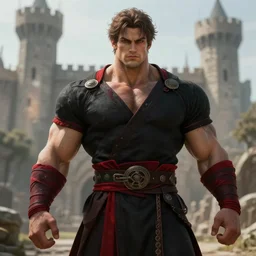 gigachad hero in ancient castle, wearing black and red clothes, herculean bulging muscular figure, beautiful gigachad, soft lighting, highly detailed face!!, sharp focus, artstation, by gaston bussiere, augustus edwin john and john singer sargent