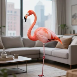 pink flamingo standing in the living room of an apartment with view on new york