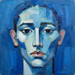 chaotic abstract expressionism painting of a face, blue color palette