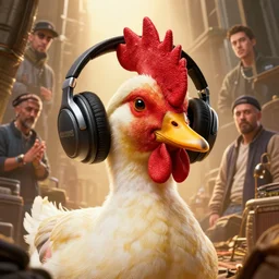 epic cinematic hyperrealism masterpiece where a duck with a rapper rooster crest appears with headphones. realistic poster with shaded lighting by craig mallismo, artgerm, jeremy lipkin and michael garmash, unreal engine, radiant light, detailed and complex environment, digital art, art station trends