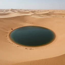 drone view of realistic photo of beautiful small lake with black water in the middle of desert, wide angle shot, very sharp focus, award winning masterpiece art, hyper realistic, concept art